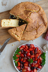 Greek flatbread baked with feta cheese Tiganopsomo fresh and homemade baked