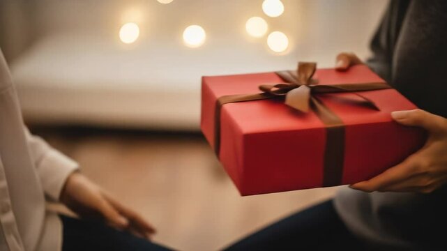 Hands of two individuals are exchanging a red gift box adorned with a brown ribbon, capturing the essence of sharing and joy during festive occasions, with soft bokeh lights in the background