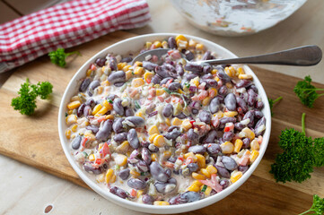 Delicious homemade kidney bean salad with sour cream dressing. 