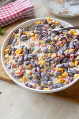 Delicious homemade kidney bean salad with sour cream dressing. 
