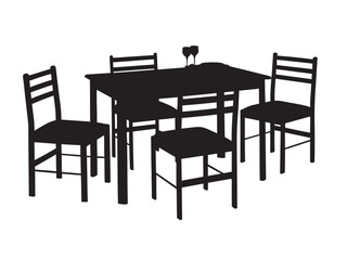 Vector isolated furniture set of table and four 4 chairs colorless black and white outline silhouette shadow shape stencil solid black