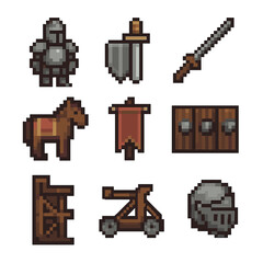 Knight Defense Icons. Pixel art icon set of knightly defense: armored knight, sword and shield, lance, helmet, cavalry horse,