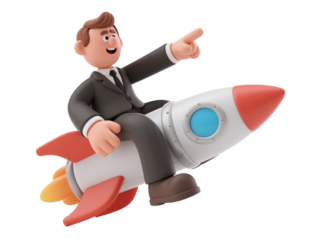 3D cartoon businessman in suit riding rocket and pointing ahead with confidence, startup launch concept, isolated 