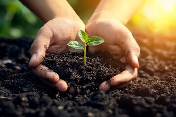 Hands gently cradle a young green seedling growing in rich soil, bathed in warm sunlight symbolizing growth and nurturing.