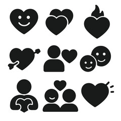 Love Emotions Icon Grid. Solid, Filled icon set of love emotions: happiness, affection, passion, longing, jealousy, comfort, trust