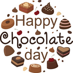 Round illustration of a set of candies. Happy chocolate day concept with truffles and bonbons