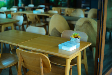 Wooden dining table in a restaurant