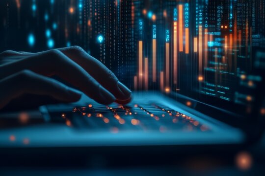 A close-up of a hand typing on a laptop keyboard with digital data and code graphics overlaying the image, symbolizing programming and cybersecurity.