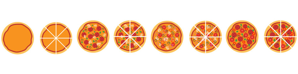 Pizza icon vector set. Pizzeria illustration sign collection. Fast food symbol. Food logo.