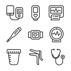 Medical Instrument Icons. Outline icon set of monitoring instruments: blood pressure cuff, pulse oximeter, cardiotocography,