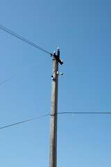 Utility pole with two security cameras against blue sky