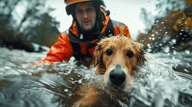 A heroic rescuer in an orange jacket navigates the rushing waters, guiding a wet golden retriever to safety, showcasing bravery and the bond between humans and pets.