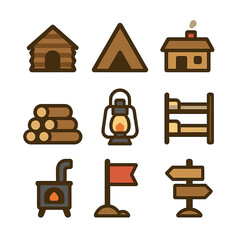 Mountain Hut Icons. Flat icon set of mountain huts and shelters: cabin, hut, chimney, wood pile, lantern, sleeping bunk, stove,