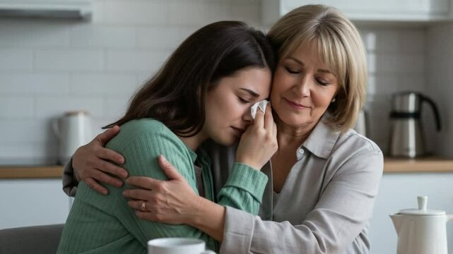 Grieving Friend Being Hugged While Holding Tissue at Kitchen Table, Emotional Support
