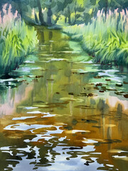 River water and grass abstract watercolor background