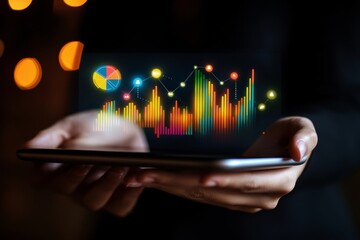 A person holds a tablet displaying colorful, futuristic data visualizations including bar graphs, pie charts, and line charts against a dark background.