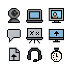 Online Teaching Tools Icons. Pixel art icon set of online teaching tools: webcam, laptop, video call screen, virtual whiteboard,