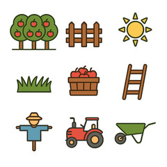 Orchard Icons Grid. Flat icon set of crisp apple orchard scene: tree row, wooden fence, sun, grass, apple basket, ladder,