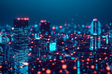 A futuristic cityscape at night, illuminated with neon lights and interconnected by a glowing digital network overlay.
