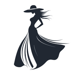 Elegant fashion silhouette of stylish woman, Chic black silhouette illustration of a fashionable woman in a flowing dress and wide-brim hat, exuding grace and glamour.

