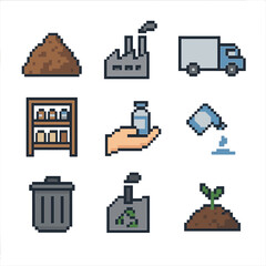 Obraz premium Packaging Lifecycle Icons. Pixel art icon set of packaging lifecycle stages: raw material pile, manufacturing plant, distribution