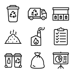 Packaging Waste Icons. Outline icon set of packaging waste management: waste bin, recycling truck, sorting station, landfill mound