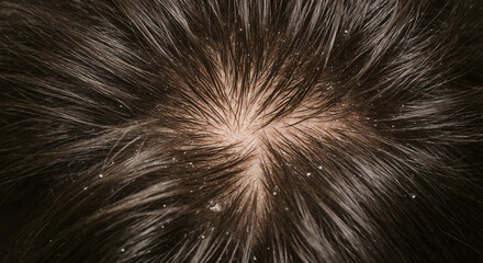 Close up of scalp with hair and dandruff flakes
