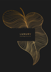 Luxury template with gold linear leaves texture. Black background with golden leaf veins pattern. Wedding invitation with tropical plants