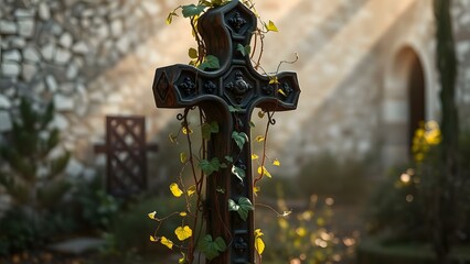 A serene wooden cross adorned with ivy captures a tranquil moment in a sunlit garden setting.