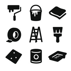 Painting Tools Icons. Solid, Filled icon set of painting and renovation: paint roller, paint bucket, drop cloth, painter’s tape,