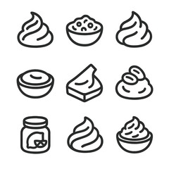 Pastry Filling Icons. Outline icon set of pastry fillings: chocolate ganache, fruit jam, custard, cream cheese, almond paste,