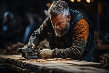 An industrious craftsman focused on his work in a wood workshop, capturing the essence of craftsmanship and dedication in a beautifully lit, rustic setting of creativity.