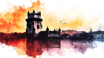 Illustration of the Belem Tower or the Tower of Saint Vincent skyline in black and simple watercolor on an abstract watercolor background. Watercolor painting background.