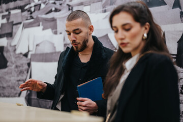 Two individuals engaged in discussion near a display, fostering collaboration and idea sharing in a...