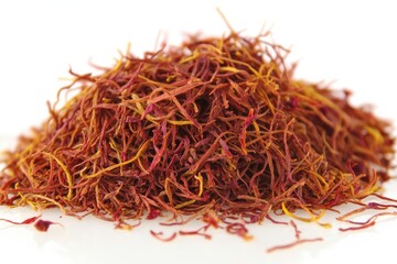 Fototapeta premium Pile of dried saffron strands against white background