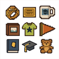 Pixel Art Souvenirs. Pixel art icon set of gifts and souvenirs: class ring, engraved plaque, commemorative mug, photo album,