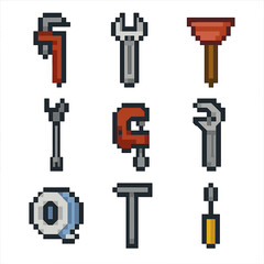 Pixel Plumbing Tools. Pixel art icon set of basic plumbing tools: pipe wrench, adjustable wrench, plunger, basin wrench, pipe