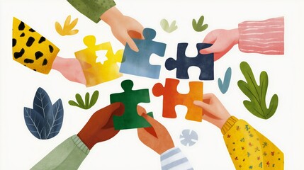 Multiple hands of diverse colors and patterns reach for various puzzle pieces, emphasizing collaboration, creativity, and the joy of assembling a complete picture together