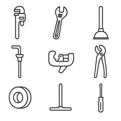 Plumbing Tools Icons. Outline icon set of basic plumbing tools: pipe wrench, adjustable wrench, plunger, basin wrench, pipe cutter