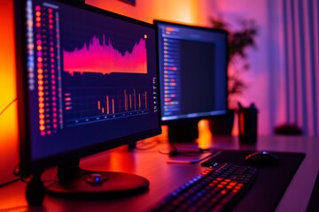 A dual-monitor computer setup displays colorful data analytics and code in a dimly lit room with orange and purple ambient lighting.