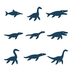Fototapeta premium Prehistoric Marine Reptiles Icons. Flat icon set of prehistoric marine reptiles: ichthyosaurus, plesiosaurus, mosasaurus,