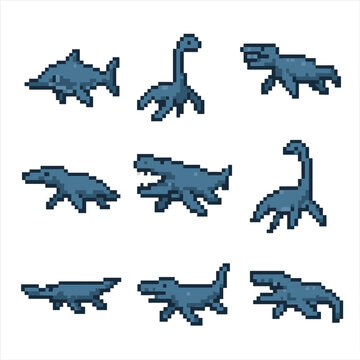 Prehistoric Marine Reptile Icons. Pixel art icon set of prehistoric marine reptiles: ichthyosaurus, plesiosaurus, mosasaurus,