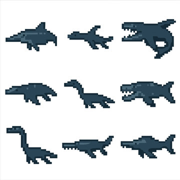 Prehistoric Marine Reptile Icons. Pixel art icon set of prehistoric marine reptiles: ichthyosaurus, plesiosaurus, mosasaurus,