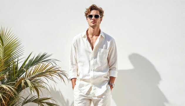 A chic Scandinavian man models crisp white linen in a bright, modern fashion shoot.








