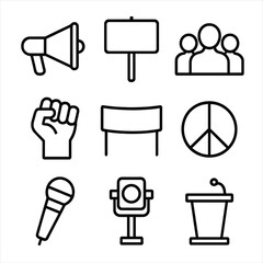 Protest Icon Set. Outline icon set of protest rally: megaphone, protest sign, group silhouette, raised fist, banner, peace symbol,