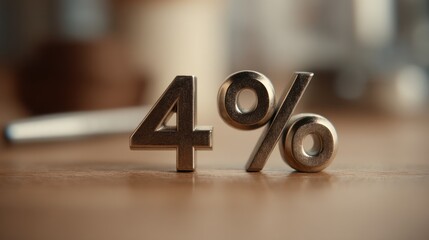 Metallic four percent symbol on a wooden surface with a blurred background.