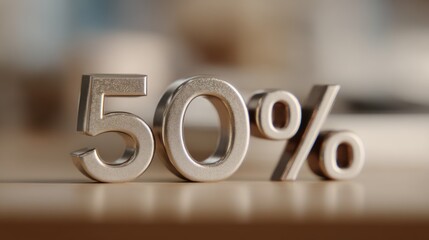 Fifty percent sign on a wooden surface with a blurred background.
