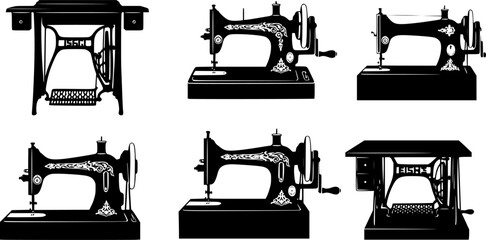 A Silhouette Pattern of Six Vintage Sewing Machines on a White Background
