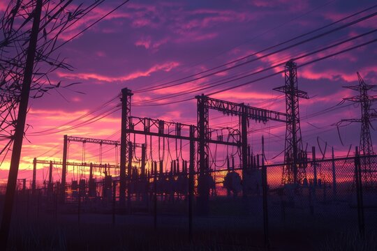 An electrical substation silhouetted against a vibrant purple and orange sunset sky, with power lines and metal structures framed by bare tree branches.