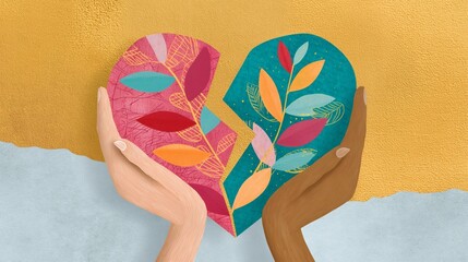 A vibrant depiction of a broken heart held by two diverse hands. The heart is adorned with colorful leaves, symbolizing growth and hope amidst emotional turmoil and pain